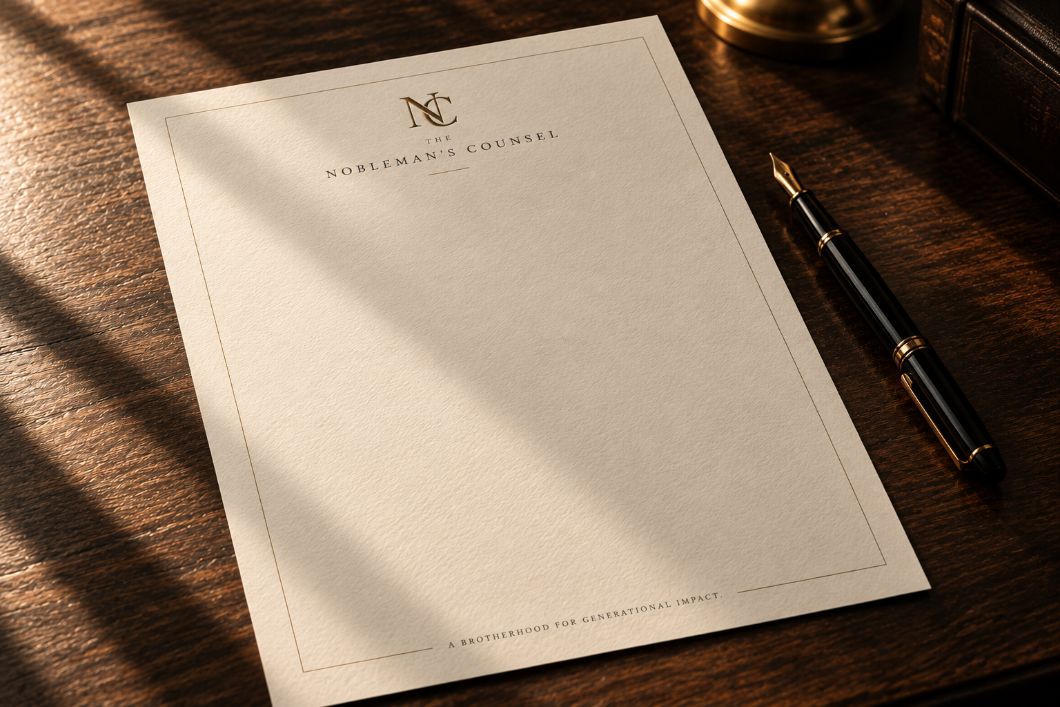 The Nobleman’s Counsel stationery and fountain pen on dark walnut