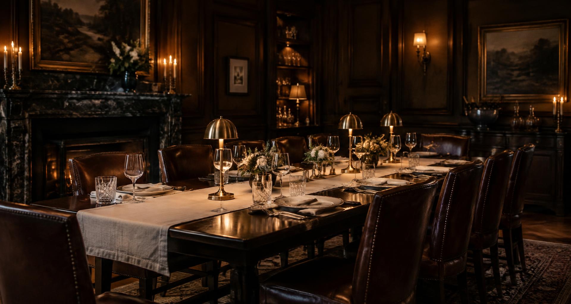 A private dining room prepared for an evening gathering, lamps lit and chairs waiting